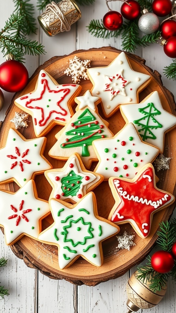 Decorated Christmas sugar cookies in festive shapes on a wooden platter with holiday decorations.
